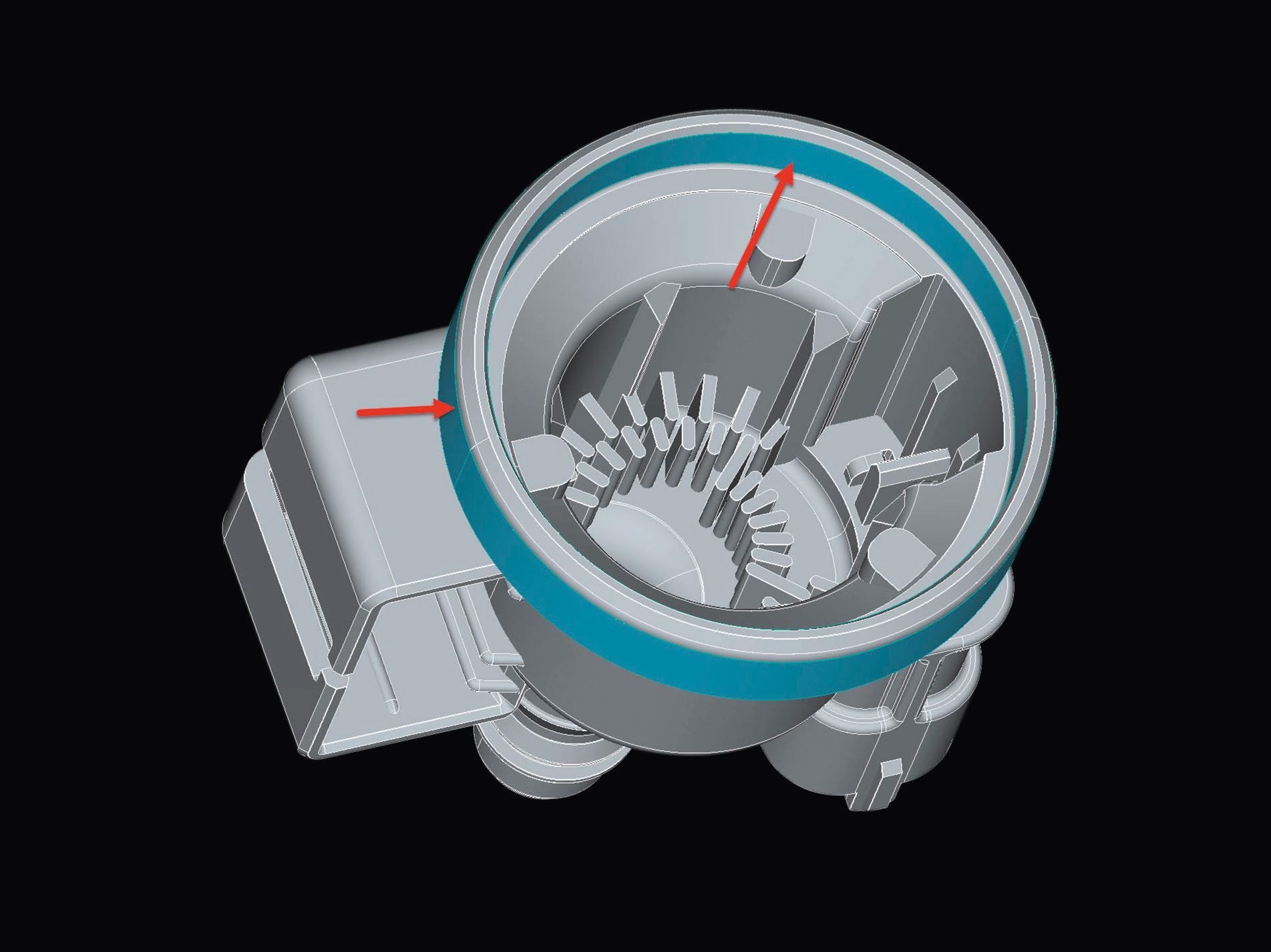 Only the area marked in blue is considered for tool correction because this is decisive for fit accuracy.
