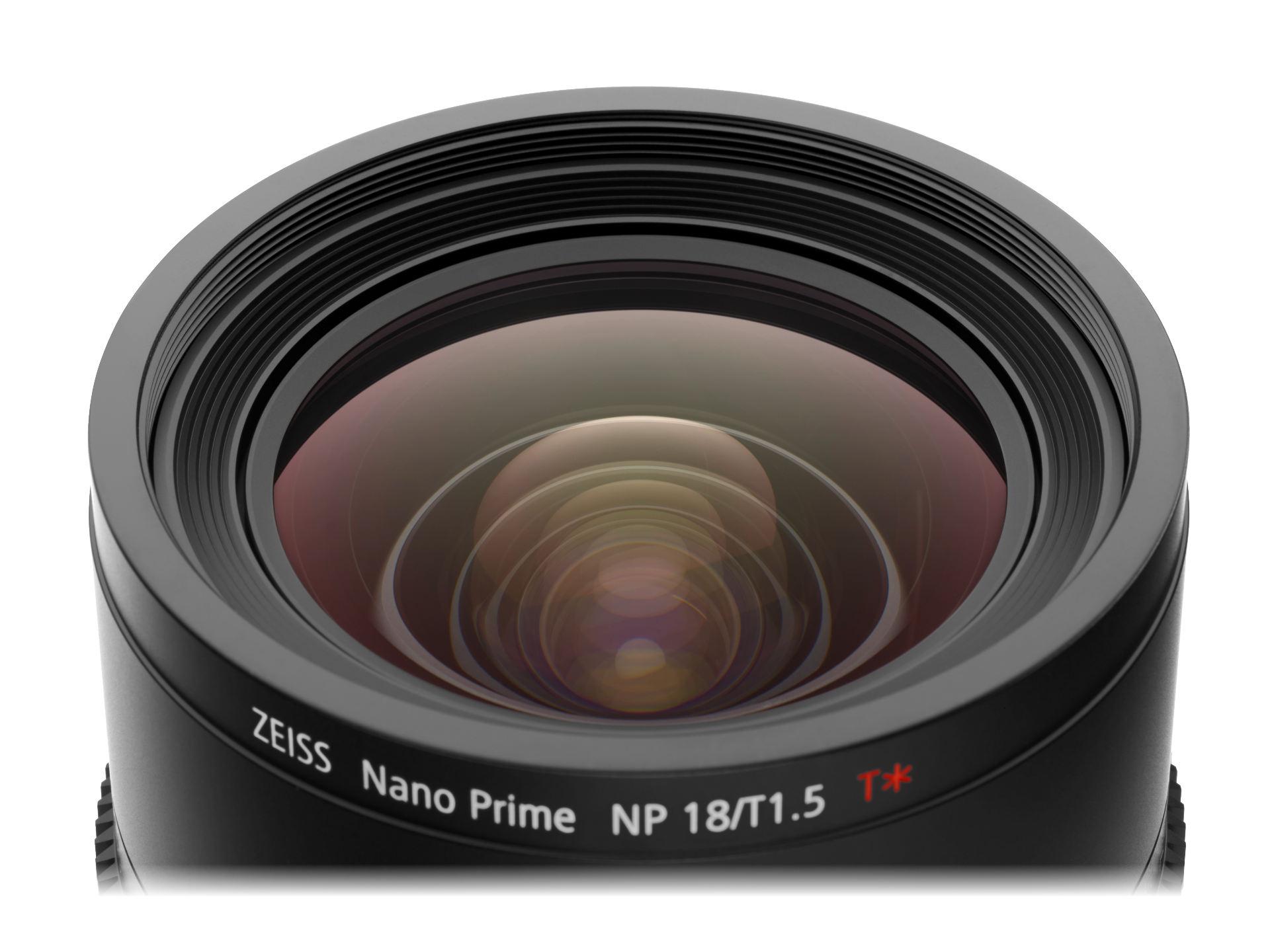 Close-up view of a ZEISS Nano Prime NP 18/T1.5 camera lens with multi-coated glass elements.