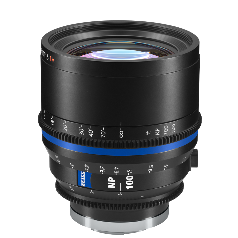 Professional ZEISS camera lens with manual focus and aperture markings, featuring a sleek black design and blue accent ring.