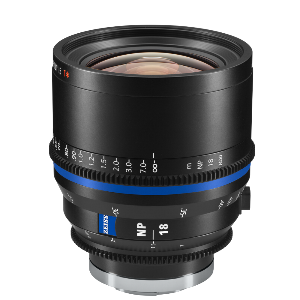 Wide-angle ZEISS camera lens with precise focus and aperture markings, featuring a black body with blue accent ring and ZEISS branding.