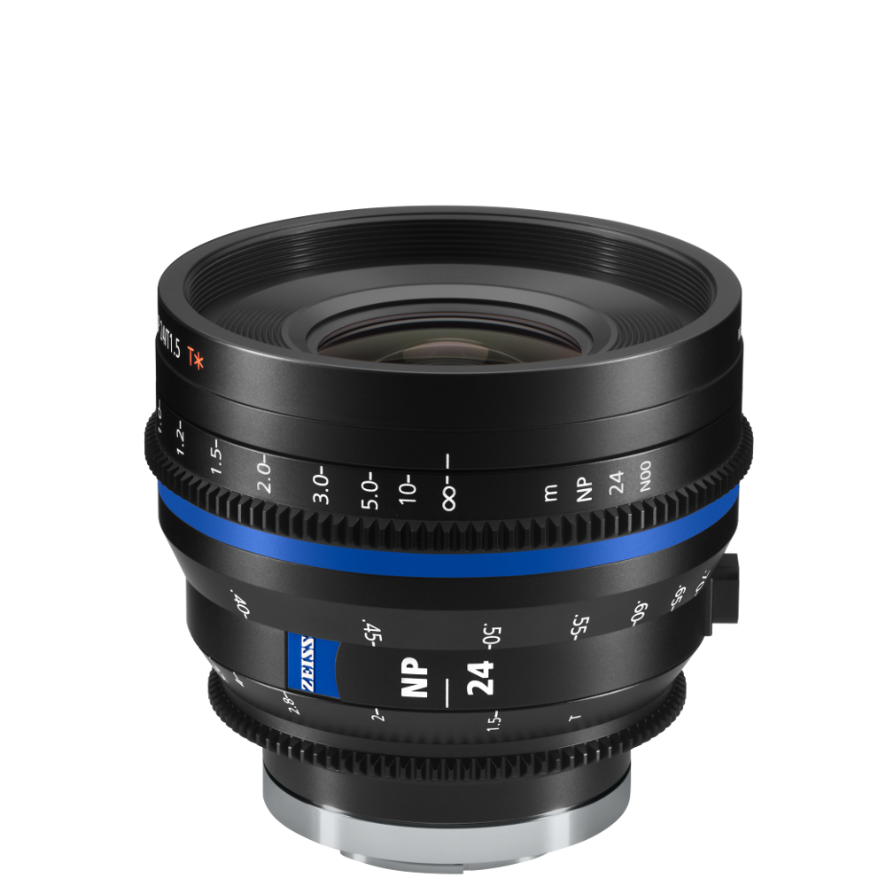 Wide-angle ZEISS camera lens with a 24mm focal length, marked with precise focus and aperture scales and featuring a robust metal housing.