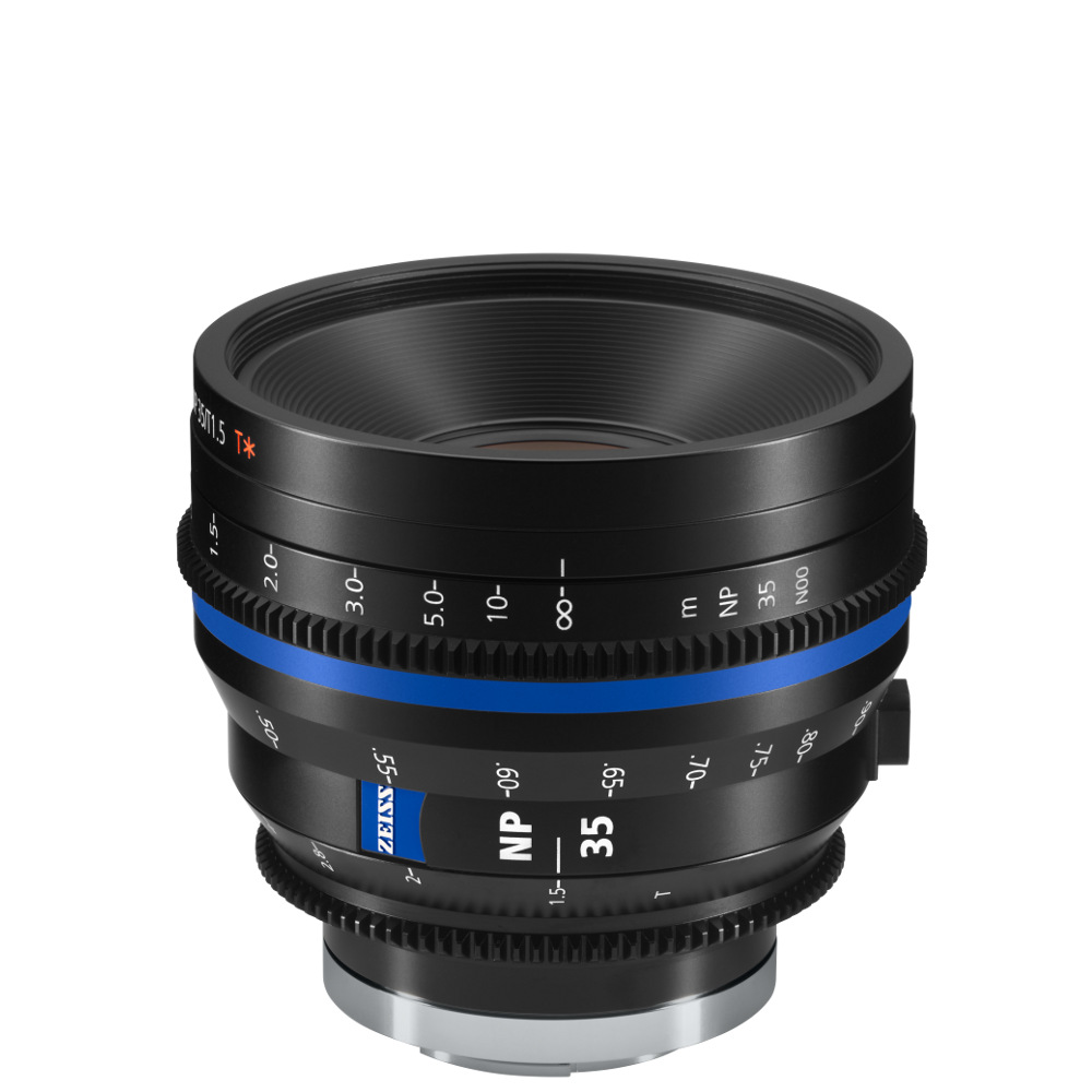 Professional cine lens ZEISS Supreme Prime 35mm with focus and aperture markings, featuring a black metal housing and a blue ZEISS branding ring.