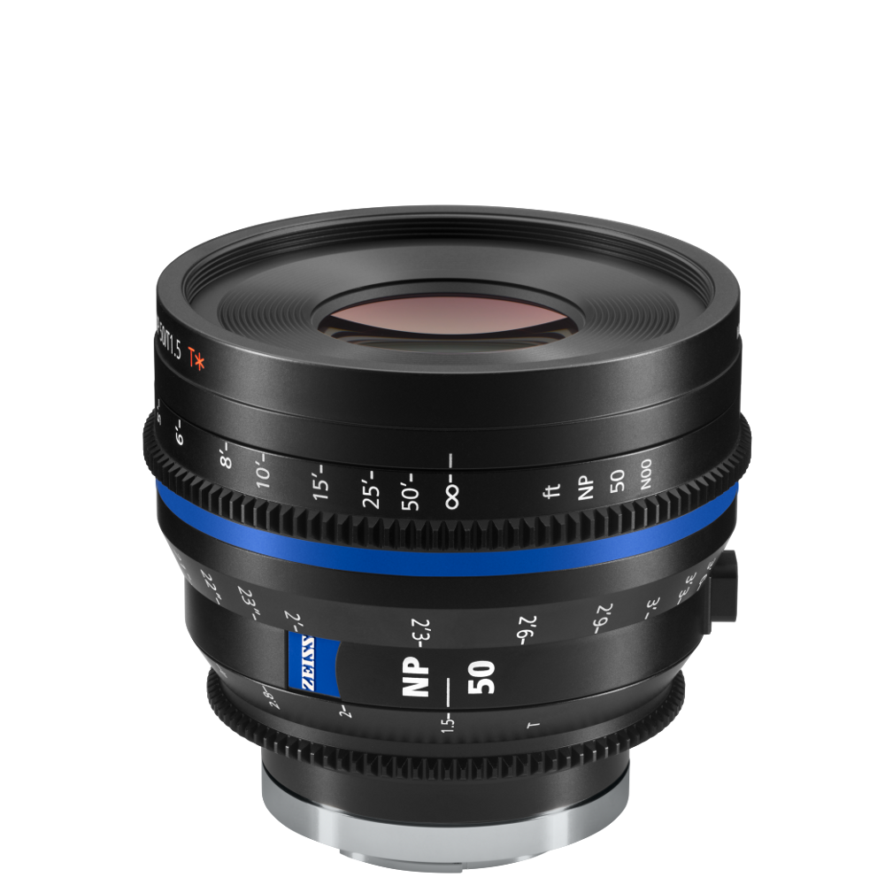 Professional cinema lens ZEISS Supreme Prime 50mm with focus and aperture markings in feet.