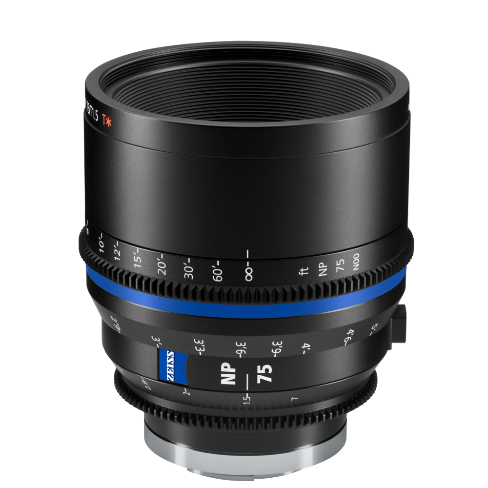 Professional close-up image of a ZEISS 75mm cinema lens with marked focus and aperture rings, showcasing its high-quality metal construction and ZEISS branding.