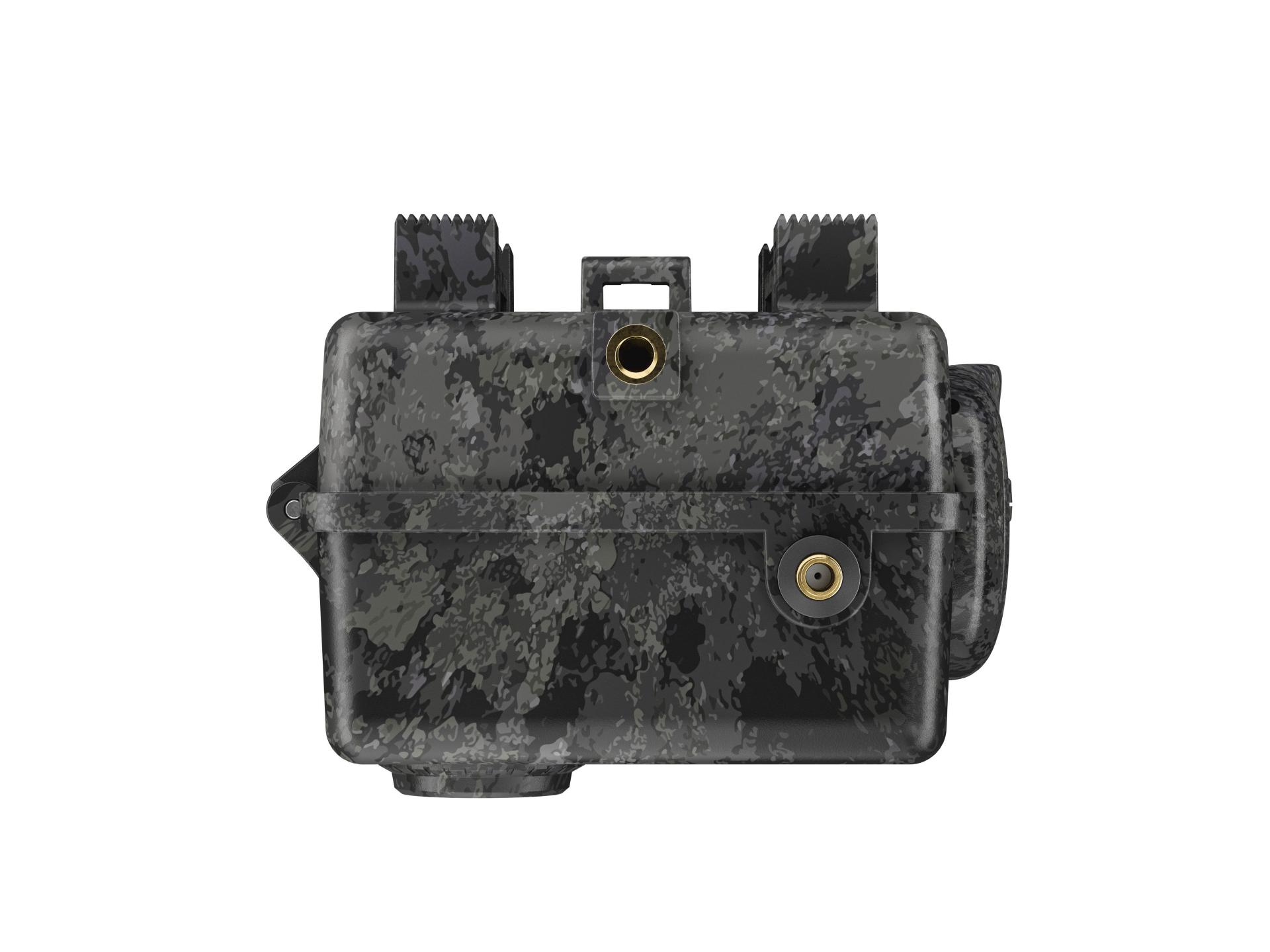 Front view of a rugged, camouflaged ZEISS trail camera with dual antenna mounts and lens openings.