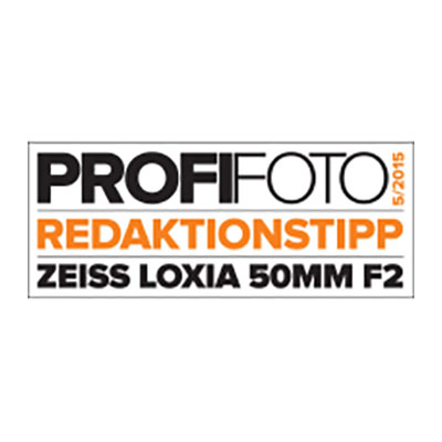 Logo of PROFIFOTO magazine featuring the "REDAKTIONSTIPP" (editor's tip) award for the ZEISS LOXIA 50MM F2 lens.