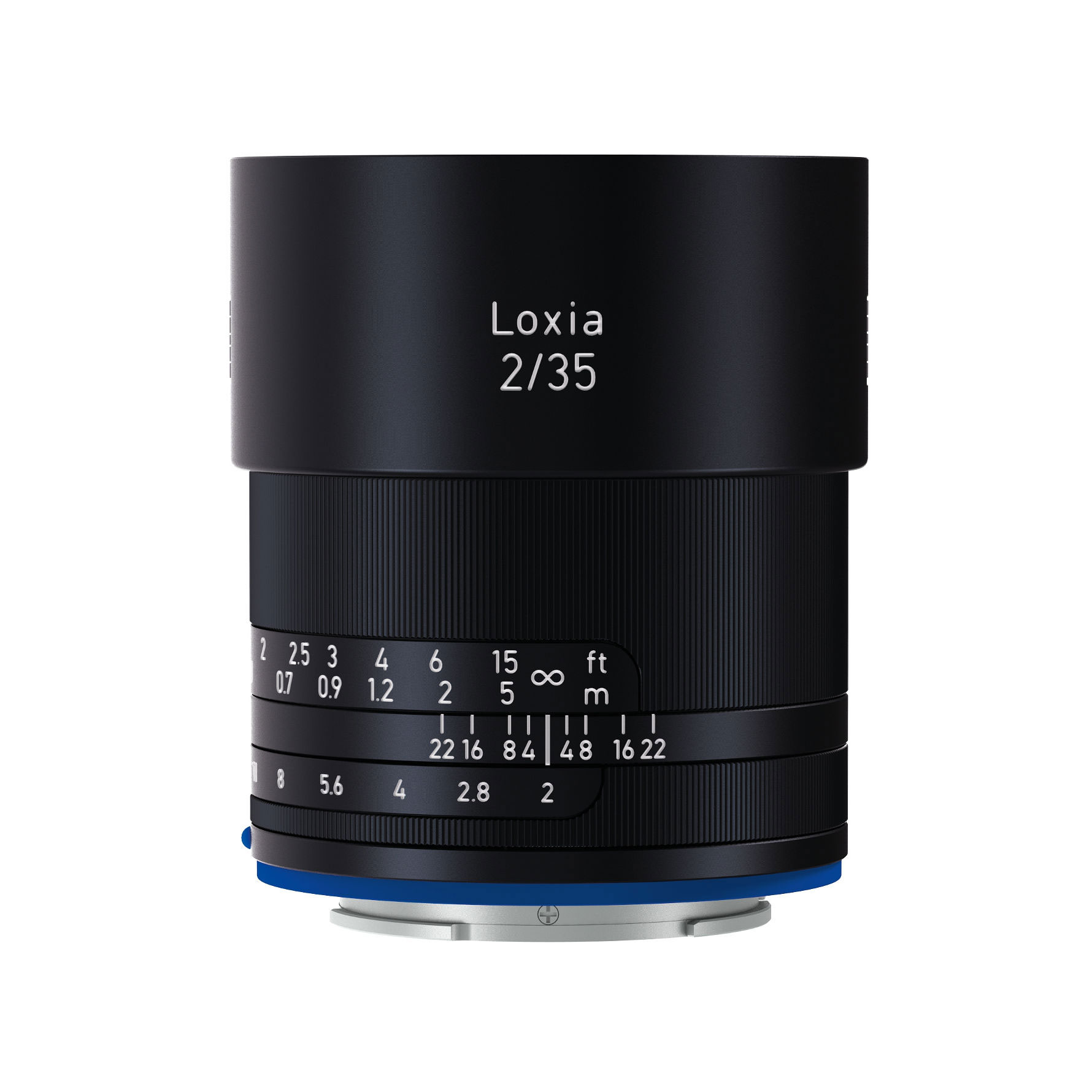 Black ZEISS Loxia 2/35 camera lens with manual focus and aperture markings, shown against a white background.