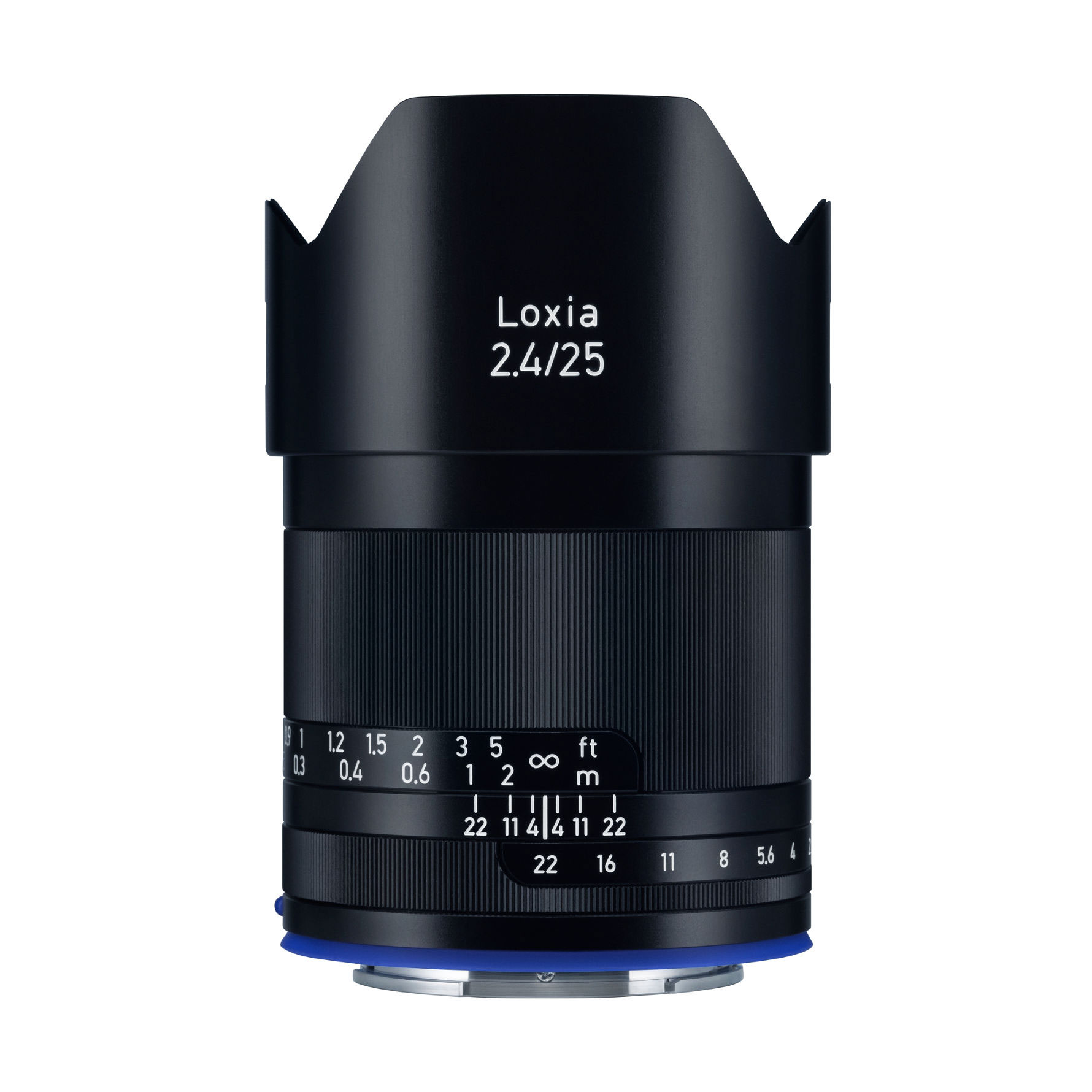 Black ZEISS Loxia 2.4/25 camera lens with marked focus and aperture rings, shown in a front-facing view.