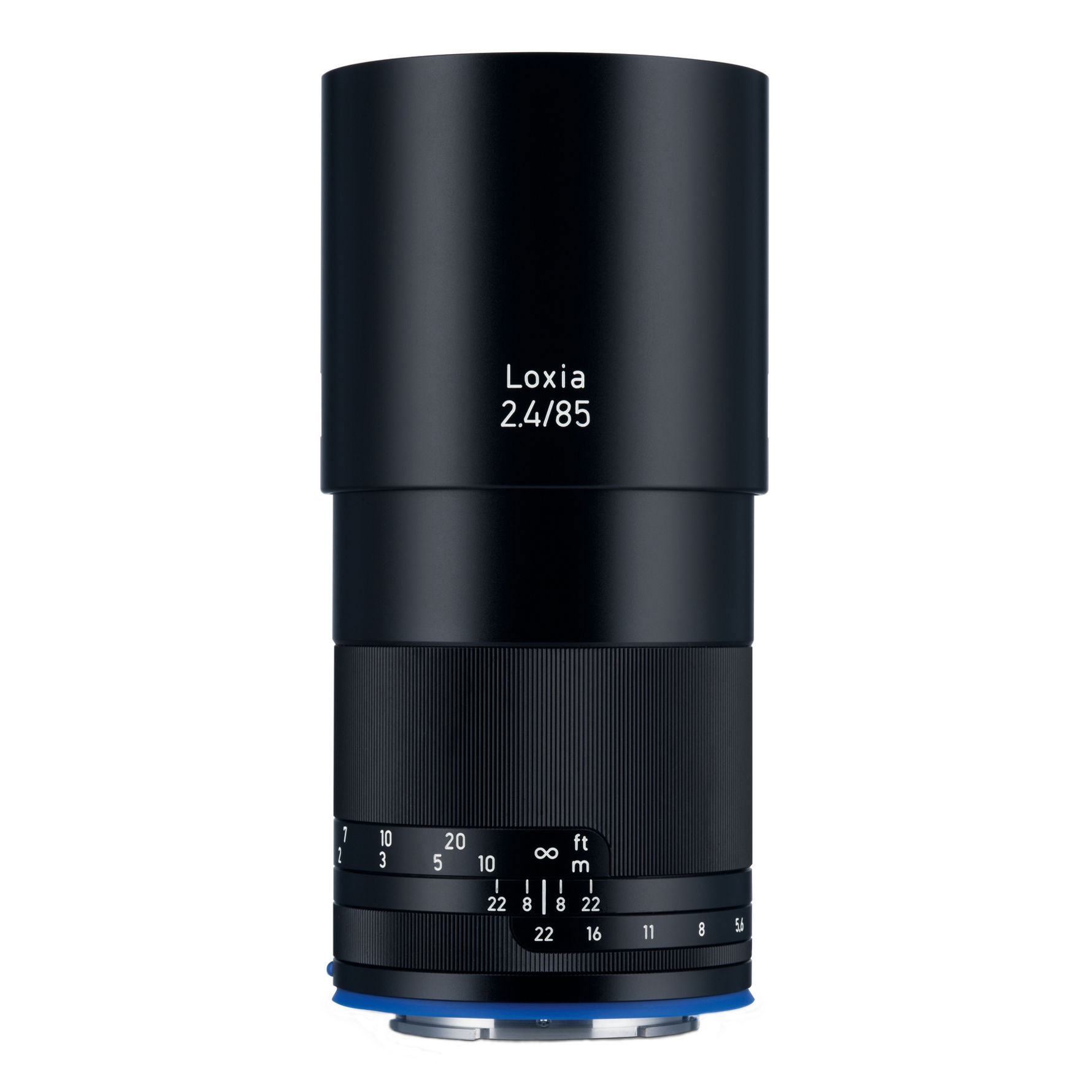 Black ZEISS Loxia 2.4/85 camera lens with focus and aperture markings displayed on a white background.