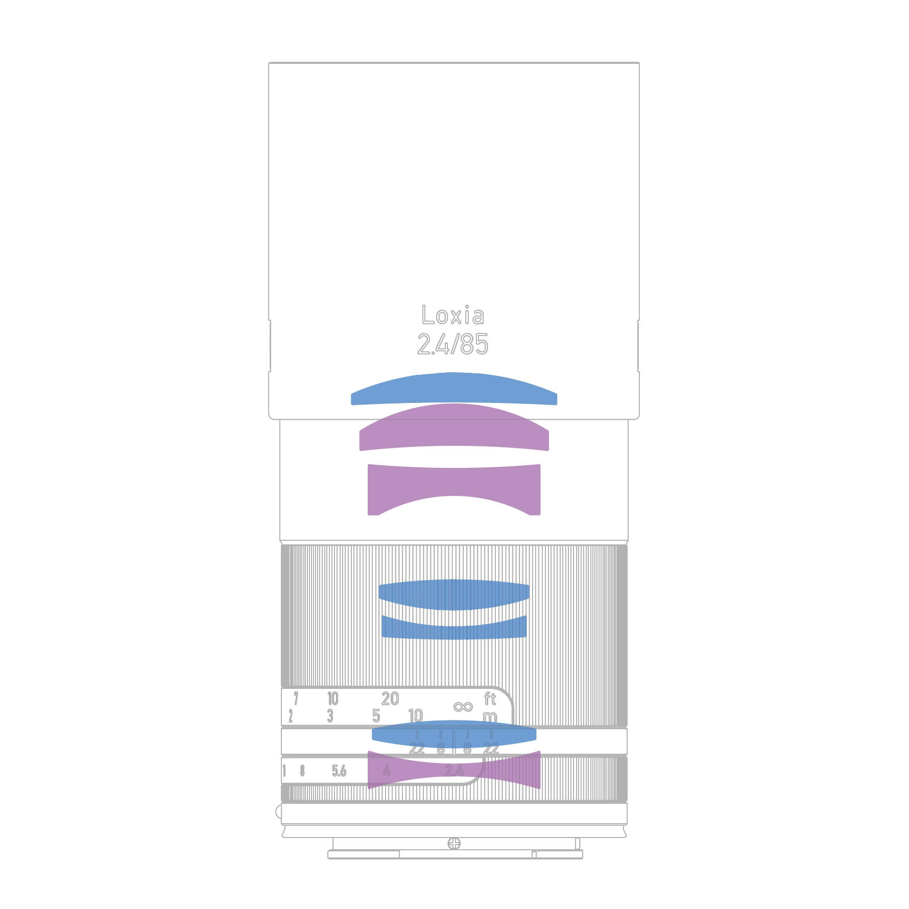 Cross-sectional diagram of the ZEISS Loxia 2.4/85 lens showing internal lens elements and mechanical components.