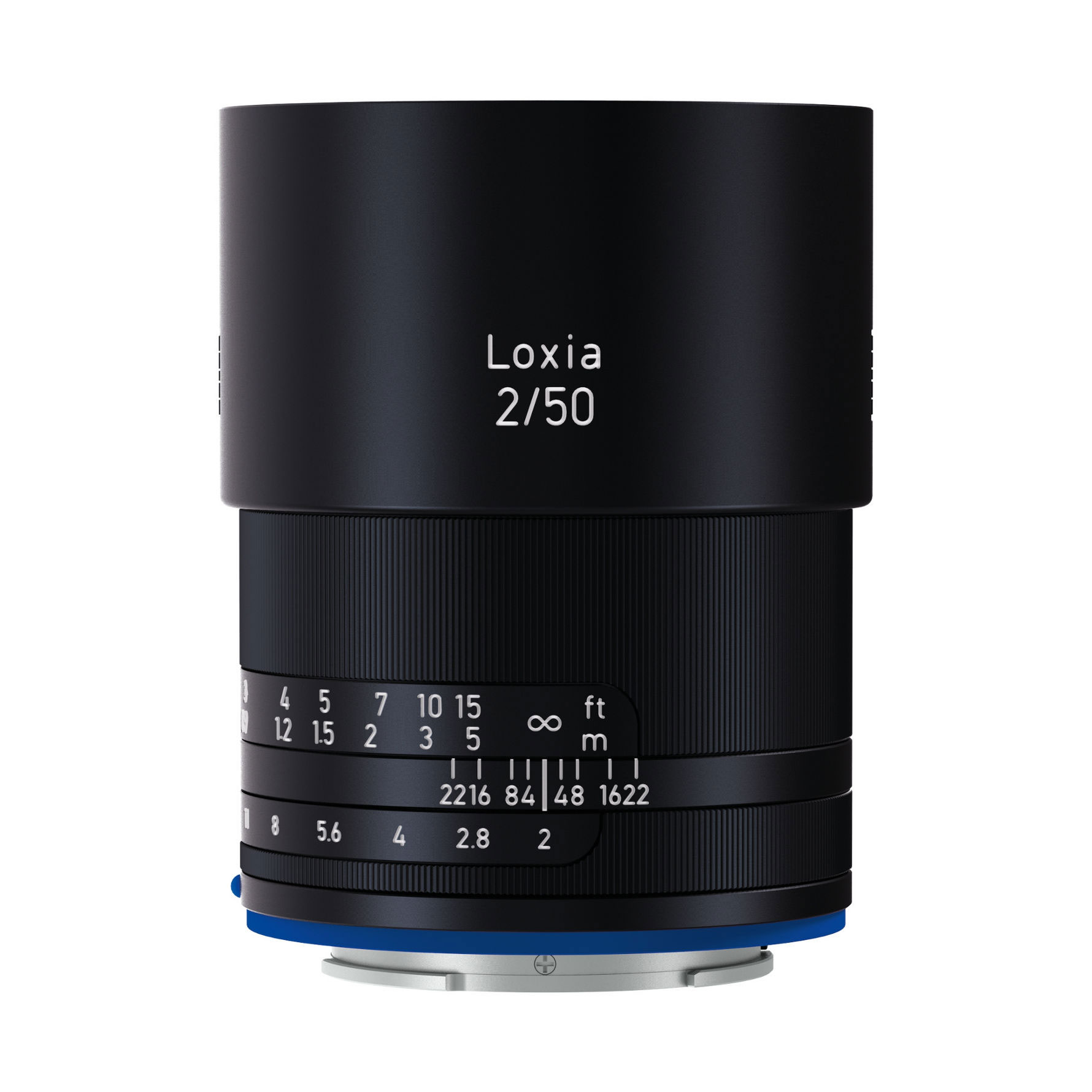 Black ZEISS Loxia 2/50 camera lens with manual focus and aperture control rings, featuring engraved distance and aperture scales.