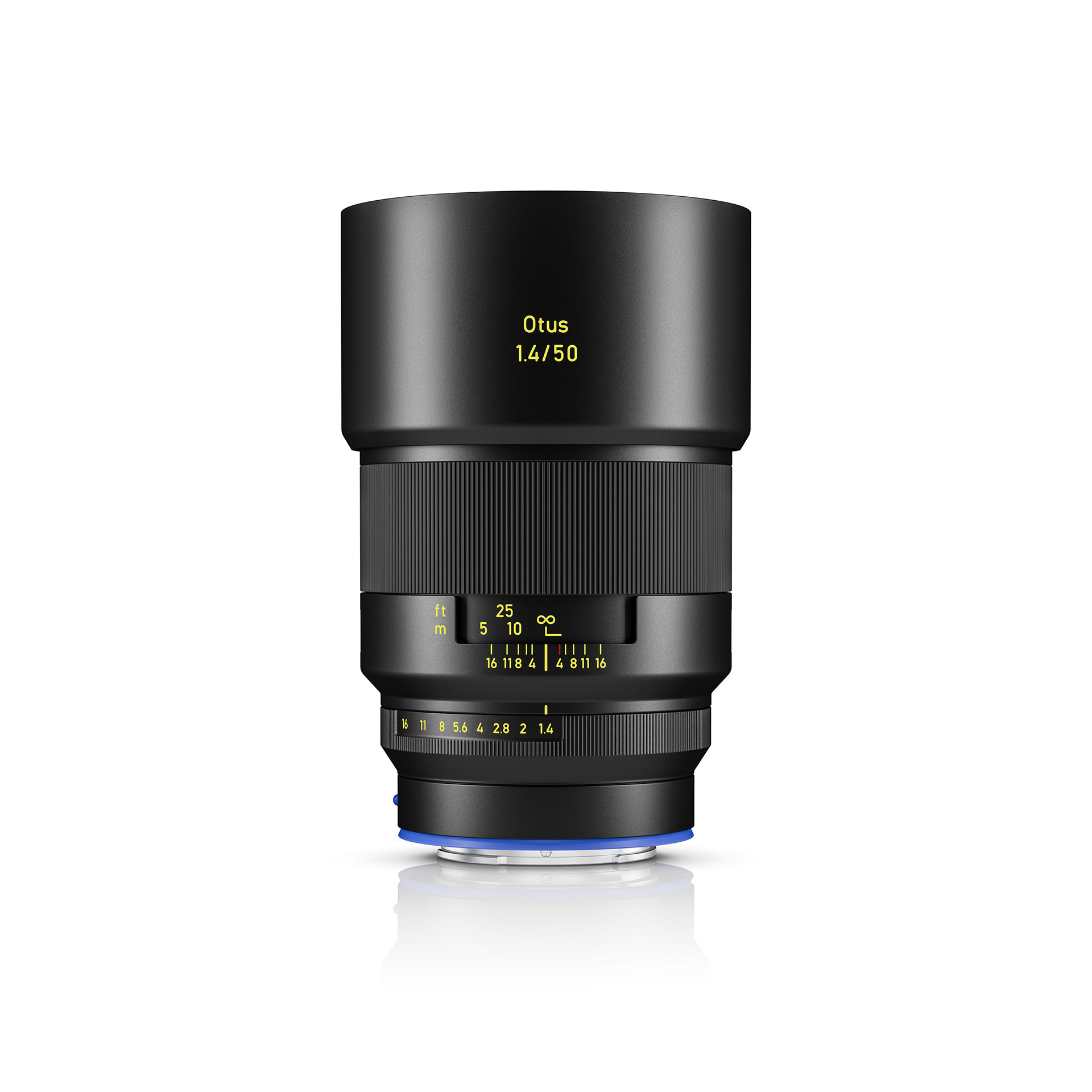 Front view of a ZEISS Otus 1.4/50 camera lens with a black matte finish and yellow focal markings.