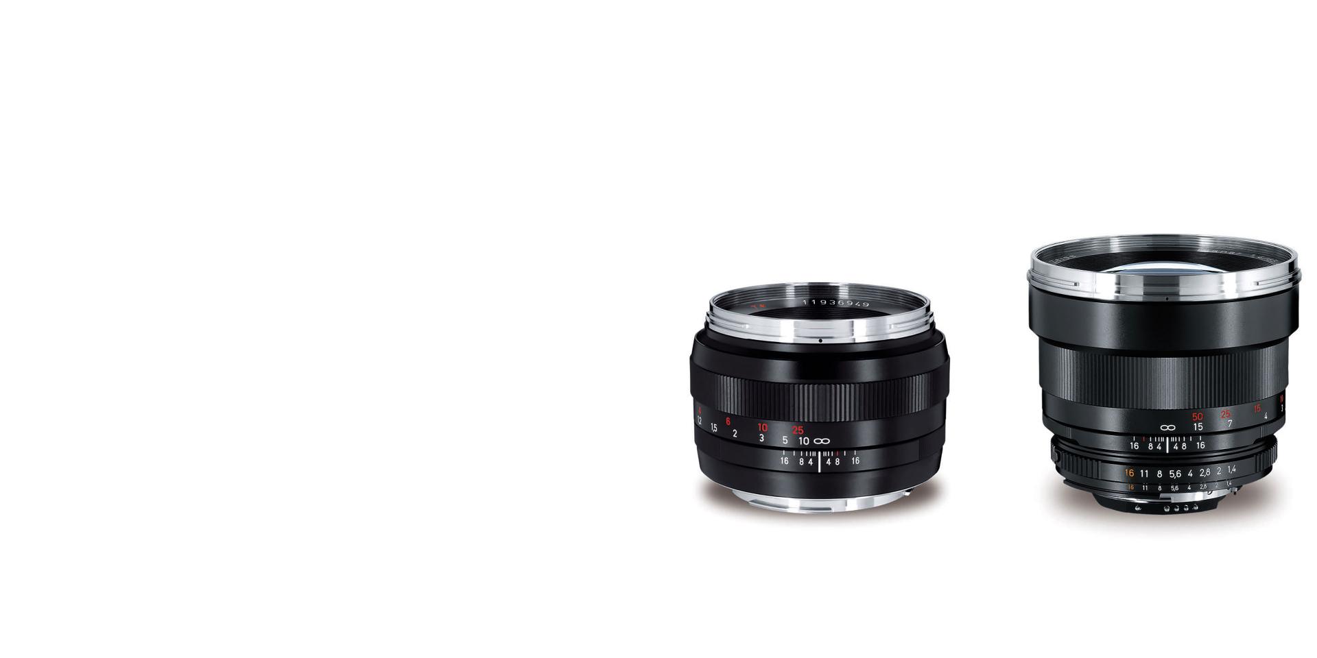 Two professional ZEISS camera lenses in black with silver mounts are displayed side by side on a white background.