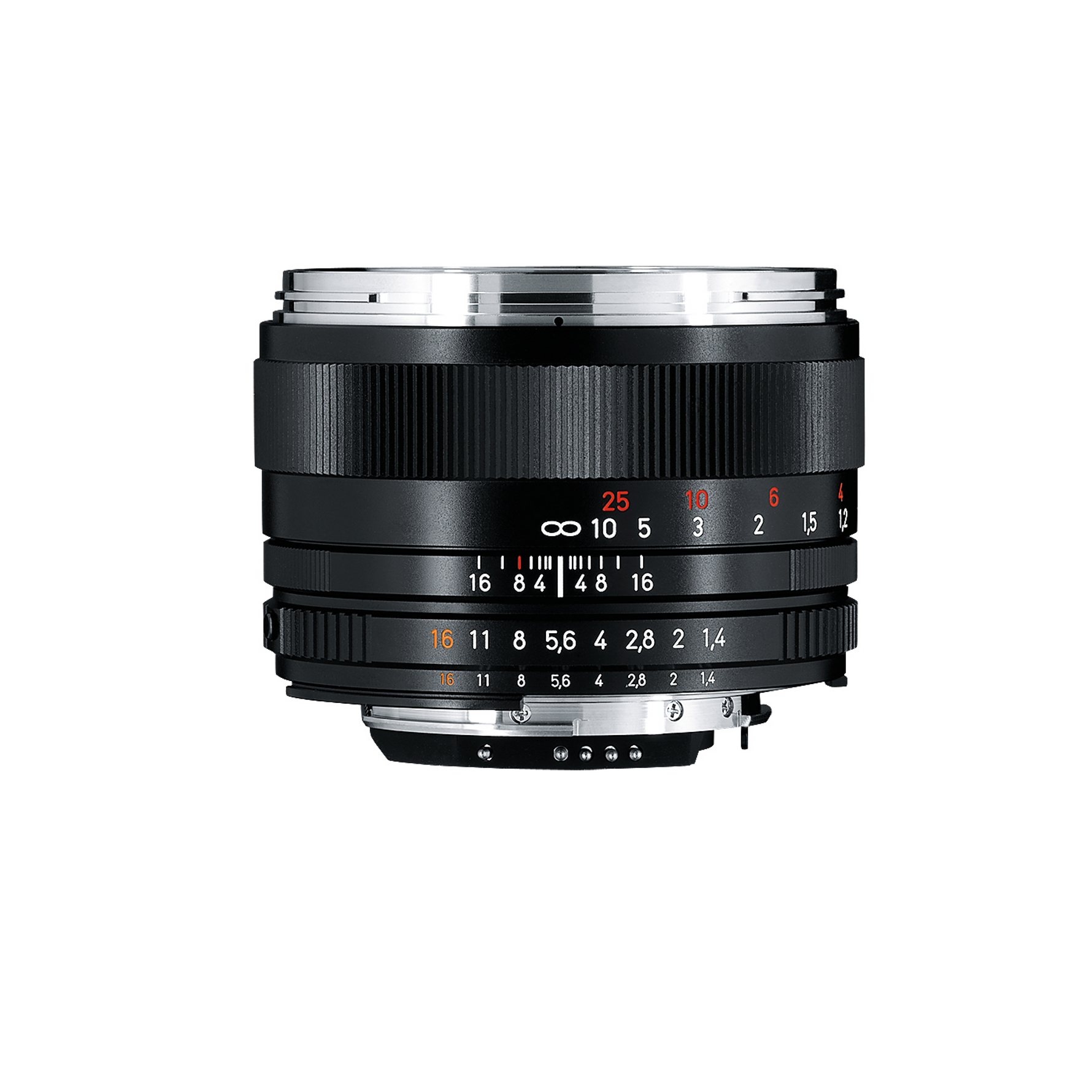 Black ZEISS camera lens with manual focus and aperture rings, featuring engraved distance and f-stop markings in white, red, and orange.