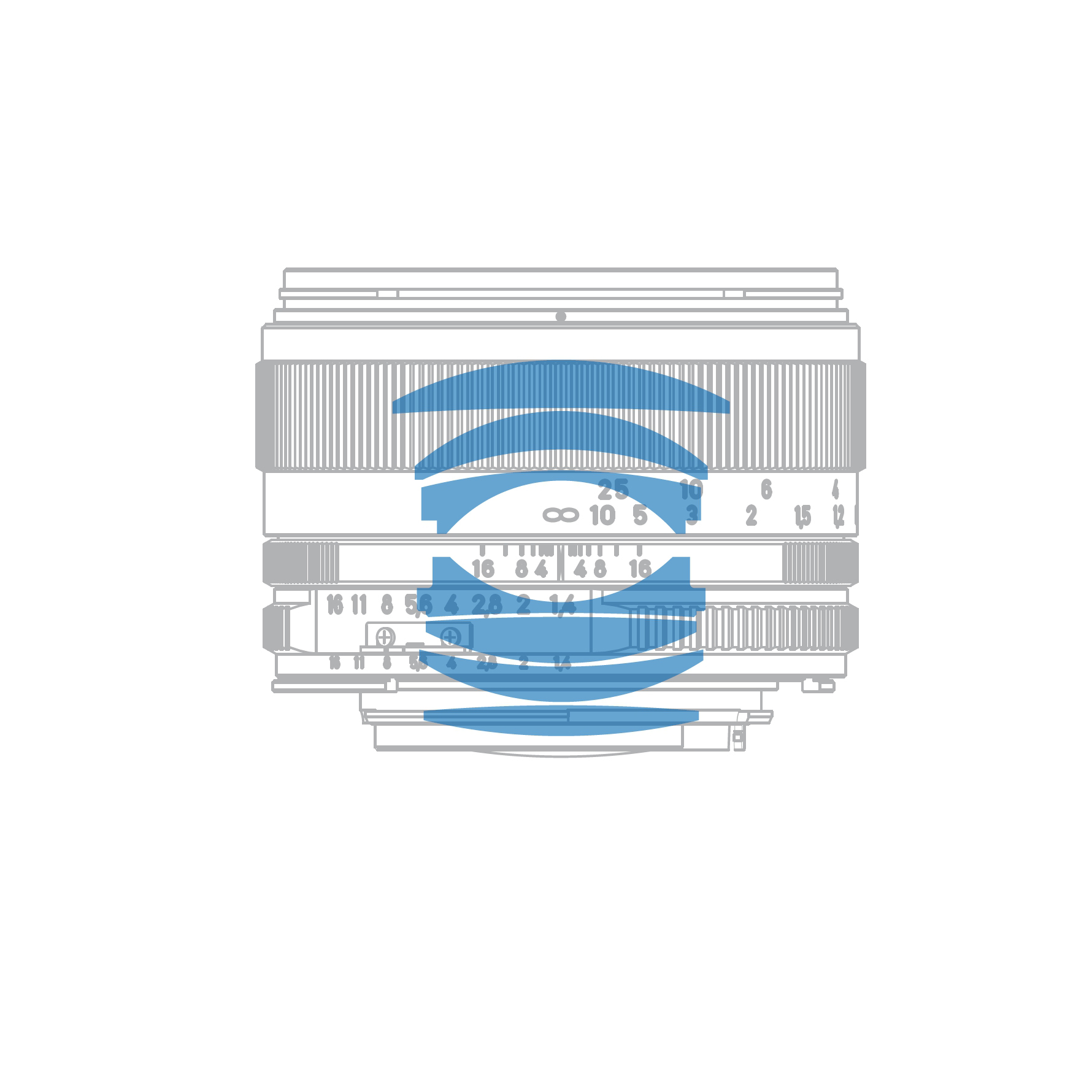 Illustration of a ZEISS camera lens with detailed focus and aperture markings, overlaid by a stylized blue ZEISS logo.