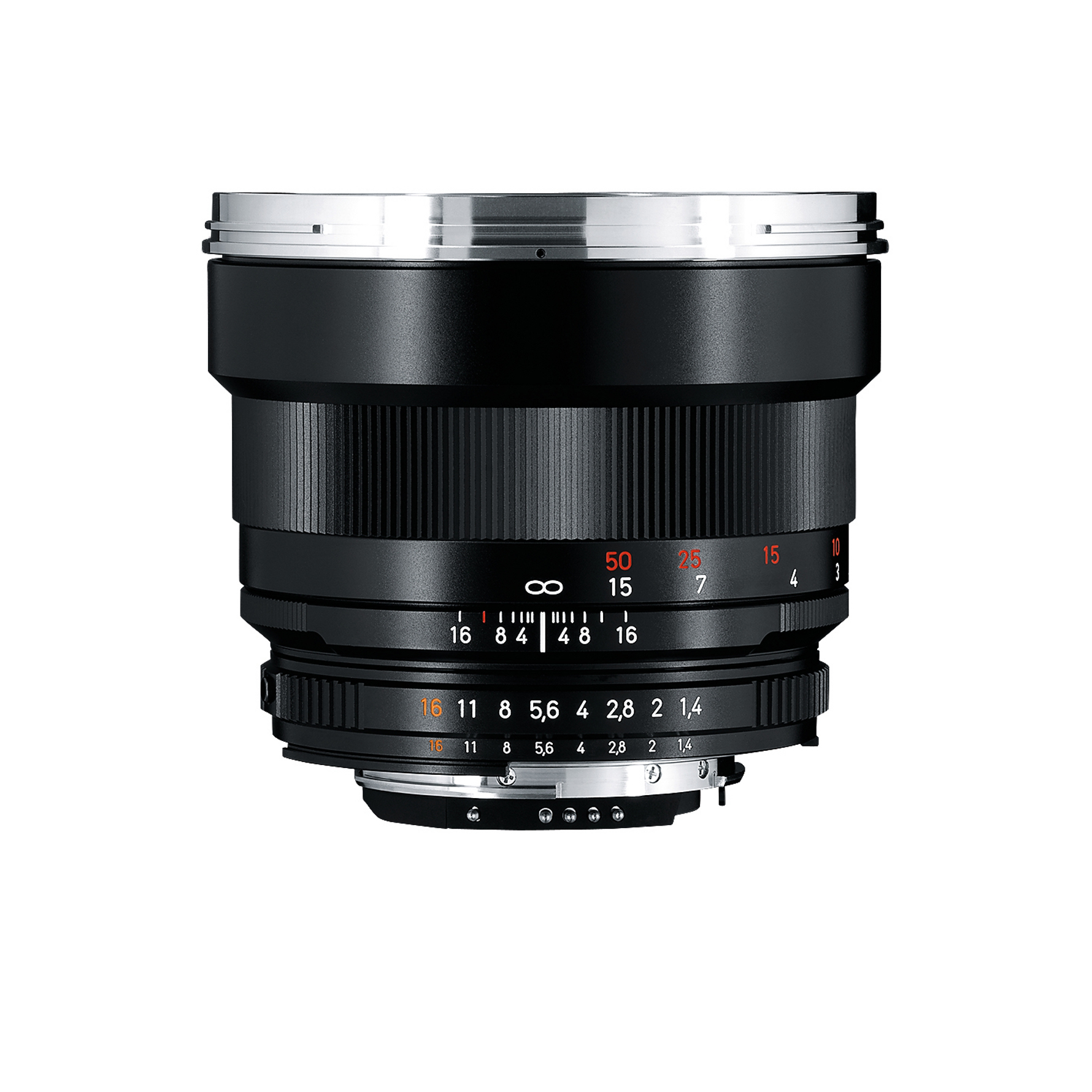 Black ZEISS camera lens with manual focus and aperture control rings featuring detailed focal length and aperture markings.