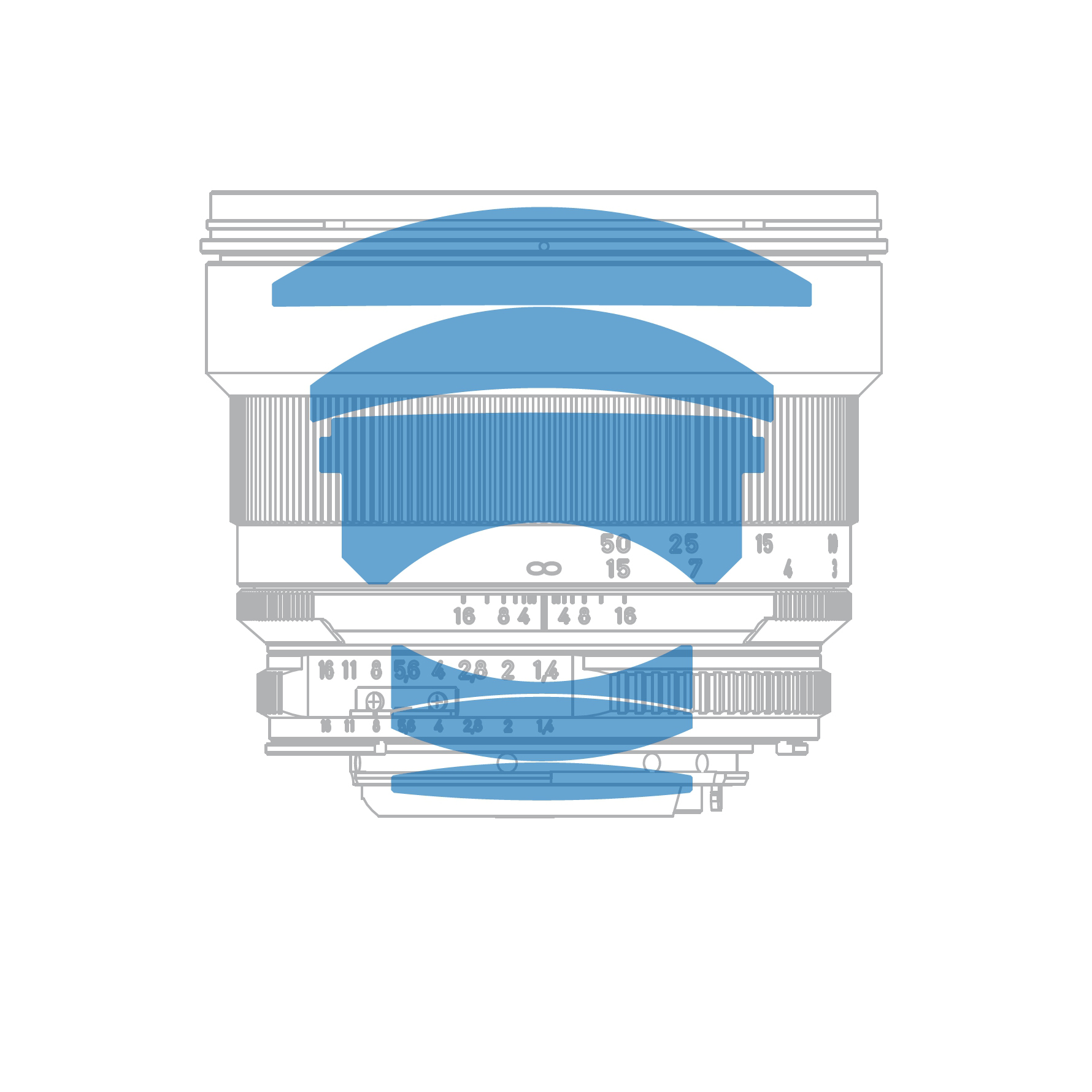 Cross-sectional illustration of a ZEISS camera lens showing internal optical lens elements in blue.