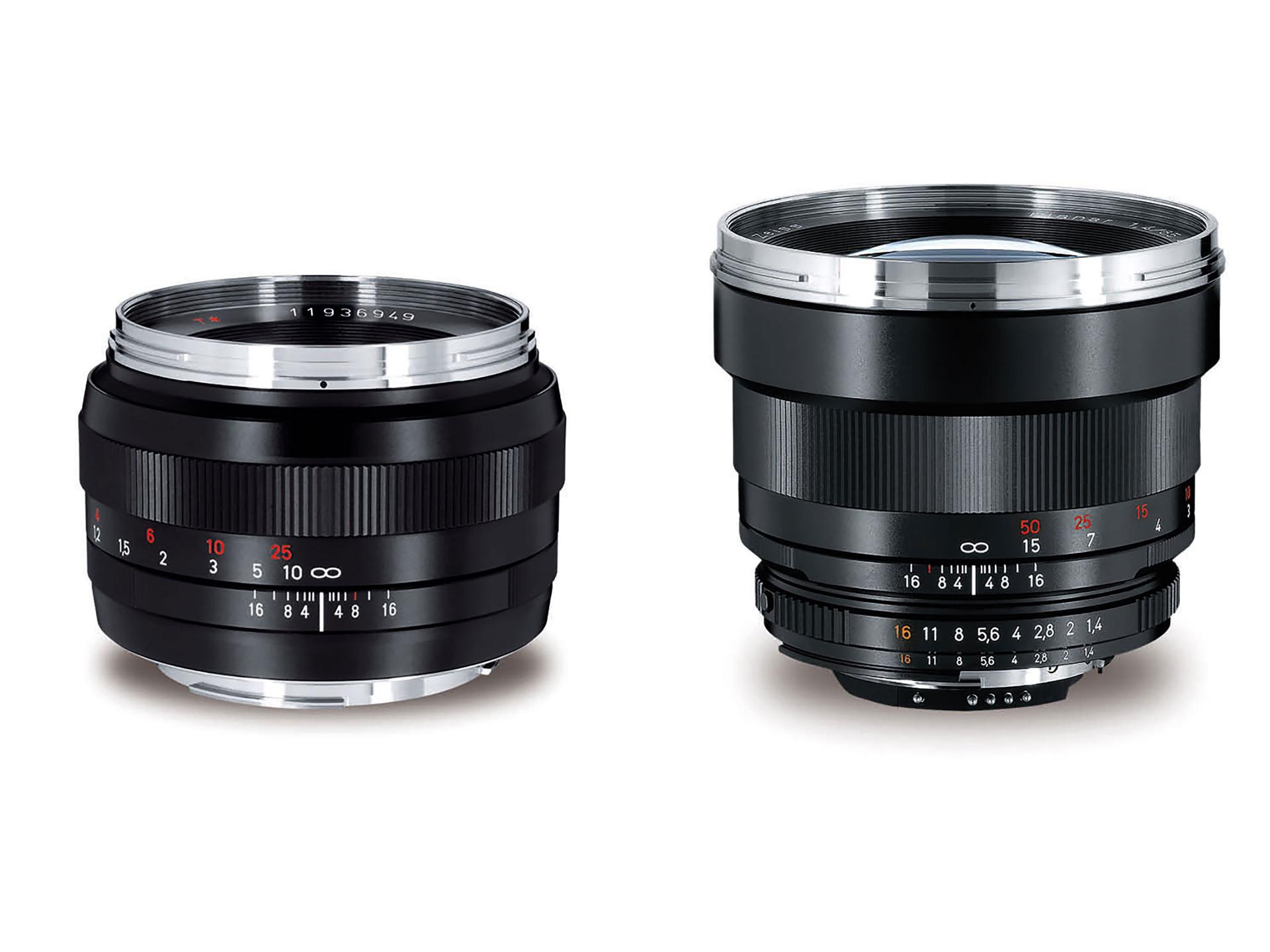 Two ZEISS camera lenses with metallic mounts and manual focus rings displayed side by side on a white background.