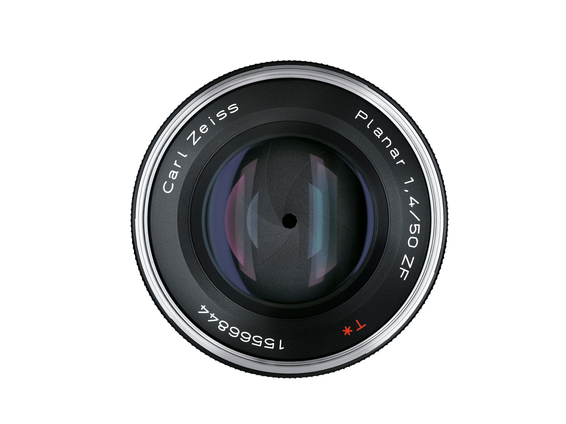 Front view of a ZEISS Planar 1.4/50 ZE camera lens showing the glass elements and engraved specifications.