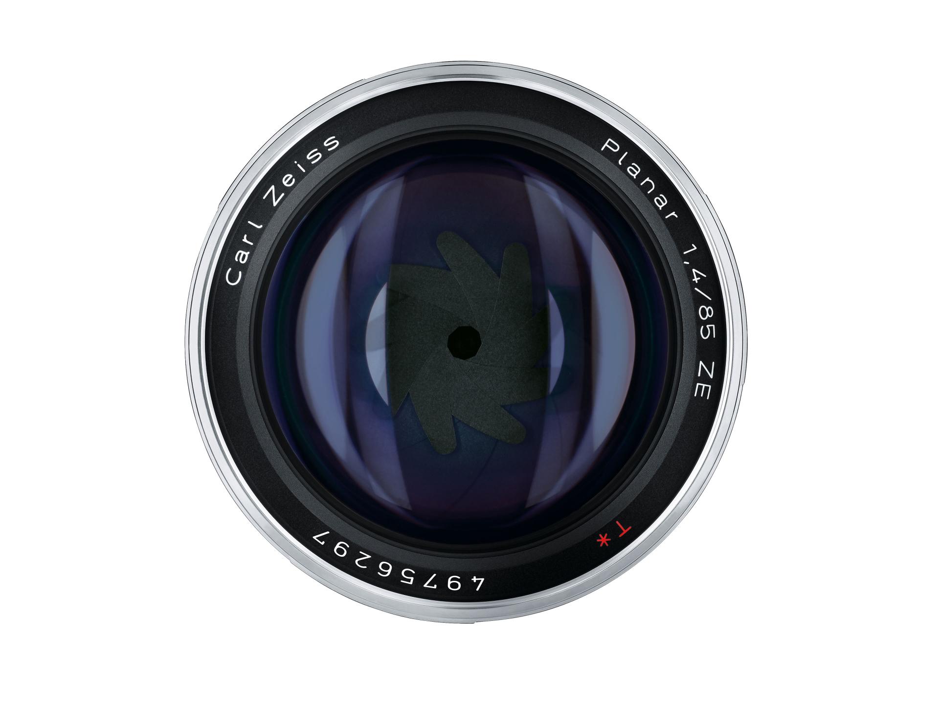 Rear view of a ZEISS camera lens showing the electronic contacts, mounting bayonet, and glass elements.