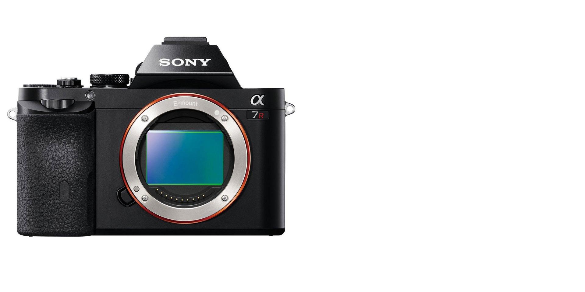 A front view of the Sony Alpha 7R mirrorless camera, showcasing its E-mount and full-frame sensor.