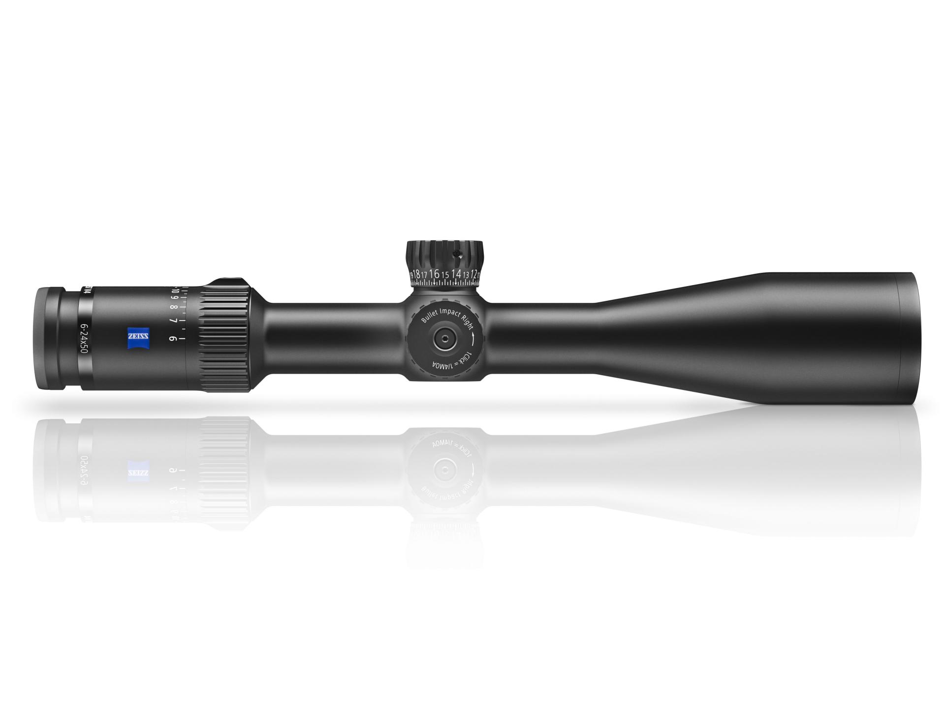 Side view of a high-precision black ZEISS riflescope with adjustment knob and ZEISS logo on the eyepiece.