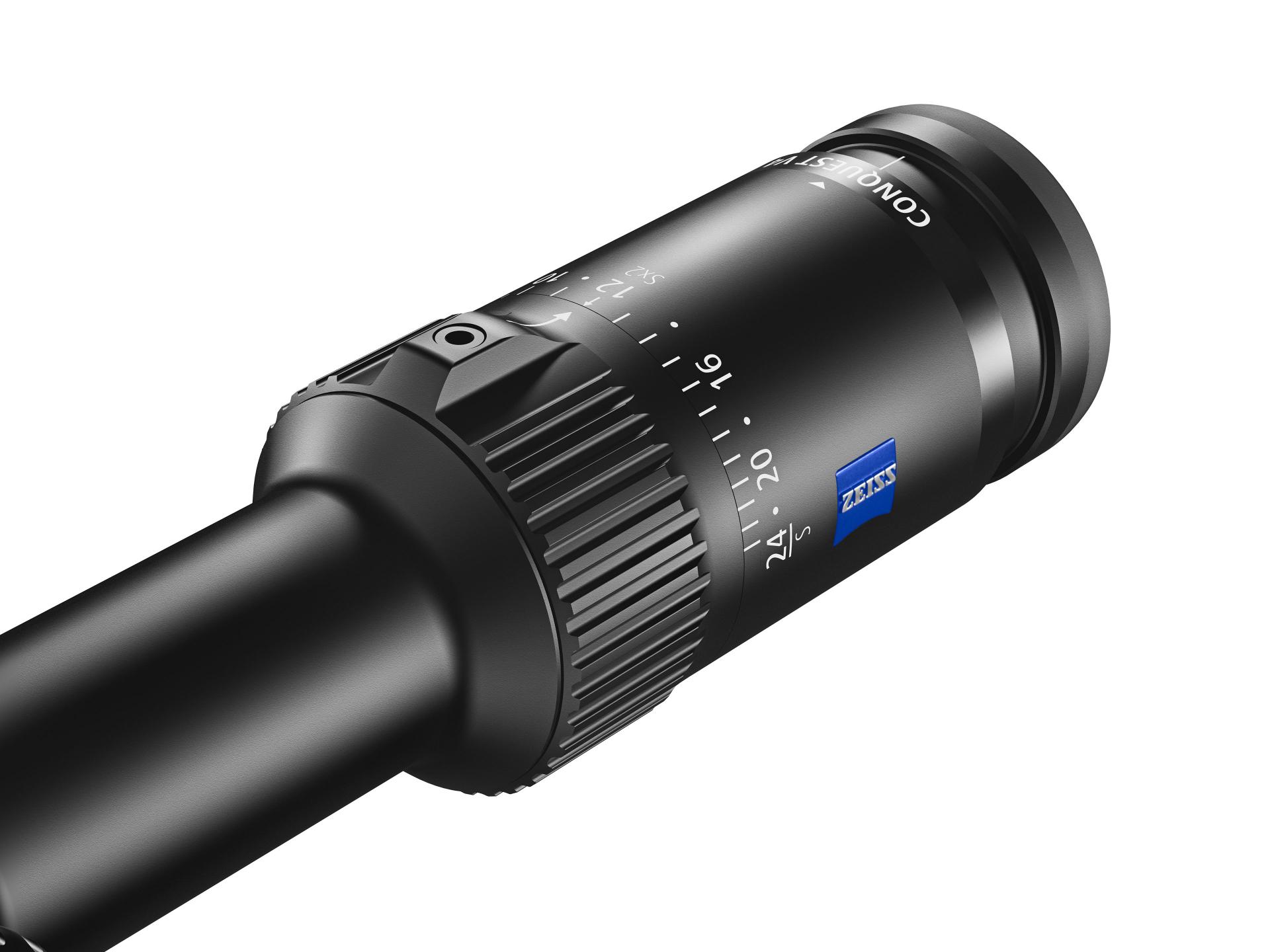 Close-up view of a ZEISS riflescope adjustment dial with magnification markings and the ZEISS logo.