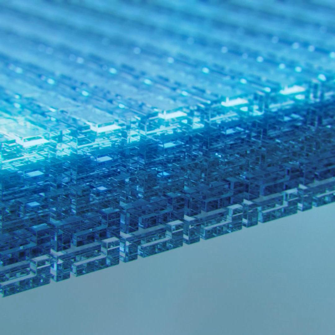 CGI van ultradunne coatinglagen die bij ZEISS DuraVision coatings via ionenbombardement worden gecomprimeerd.