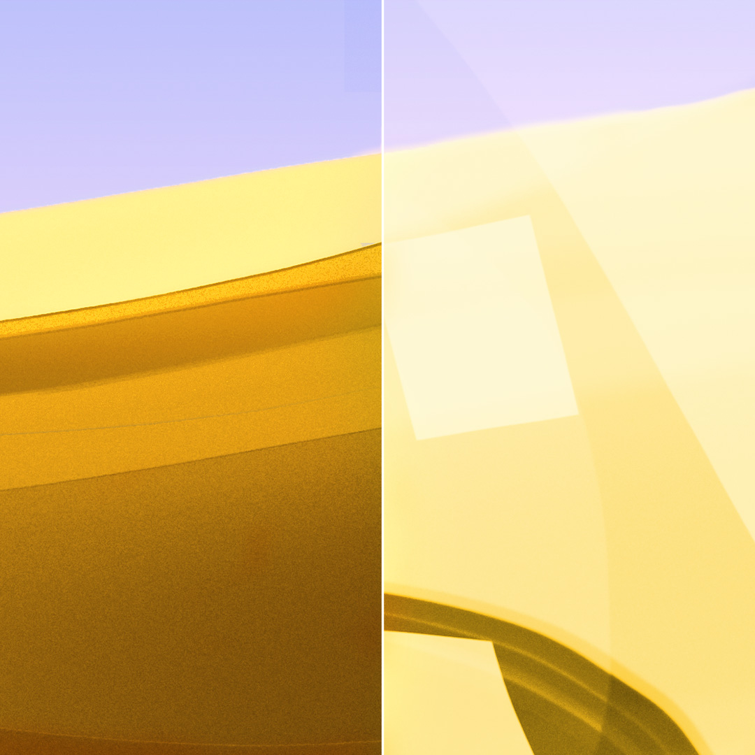 Afbeelding met aan de ene kant een helder, schoon brillenglas met ZEISS DuraVision Gold UV en aan de andere kant een brillenglas met sterke spiegeling.