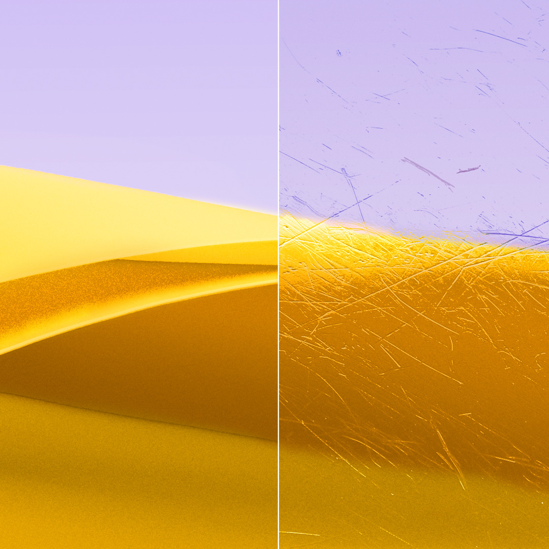 Afbeelding met aan de ene kant een helder, schoon brillenglas met ZEISS DuraVision Gold UV en aan de andere kant een brillenglas met krassen.