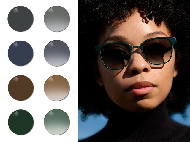 Een jonge vrouw met ZEISS Sun Rx brillenglazen in Black dégradé. Ernaast worden de kleuren Black, Grey, Brown en de grijs-groene Pioneer-tinten in effen en dégradé gevisualiseerd.