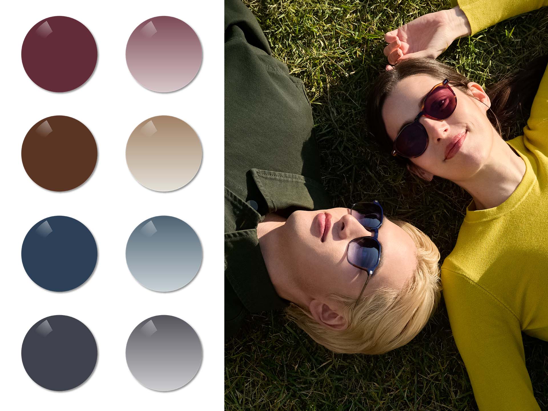 Een man met ZEISS Sun Rx brillenglazen in Midnight Blue gradiënt en een vrouw met ZEISS zonnebrilglazen op sterkte in effen Burgundy, liggend in het gras. Ernaast worden de kleuren Burgundy, Copper Brown, Midnight Blue en Dusk Grey gevisualiseerd in effen en dégradékleuren.