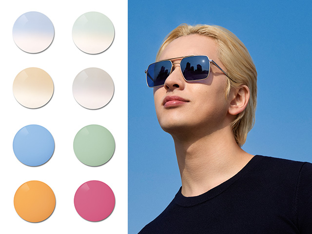 Een jonge man met ZEISS Sun Rx brillenglazen in een effen blauwe kleur. Ernaast wordt het kleurenpalet van de speciale kleuren gevisualiseerd, van dégradékleuren in pastel tot krachtige en kleurrijke effen kleuren.