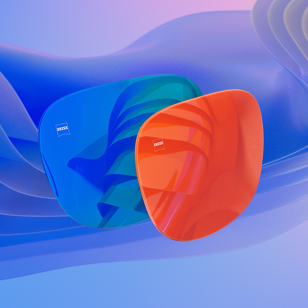 3D CGI-illustratie van twee zonnebrilglazen met een blauwe en een oranje spiegelcoating.