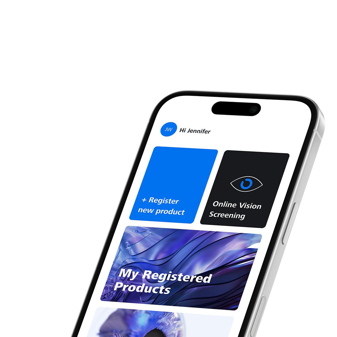 Smartphone met geopende MyZEISS Vision-applicatie