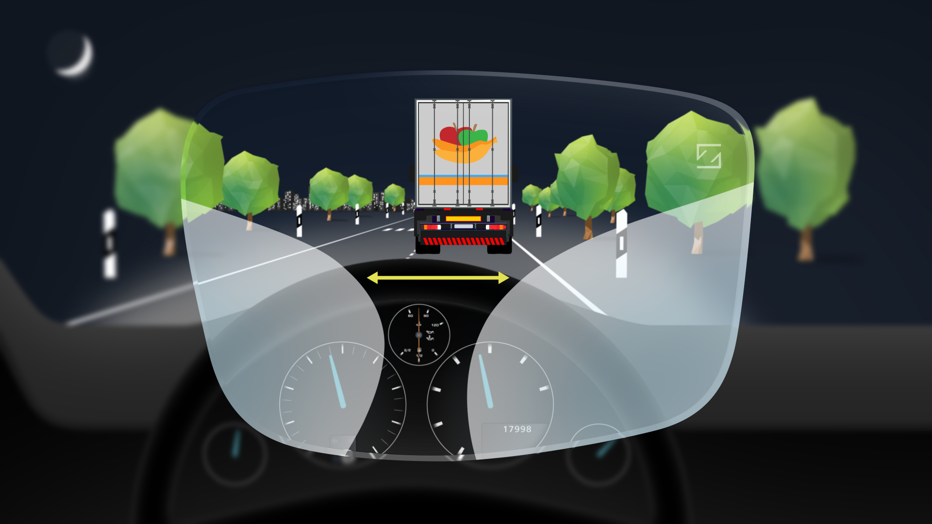 Een tot 43% groter gedeelte voor de middellange afstand om het scherpteverschil tussen dashboard en spiegels gemakkelijker te overbruggen en een tot 14% groter gedeelte voor veraf voor breder zicht op het wegdek.