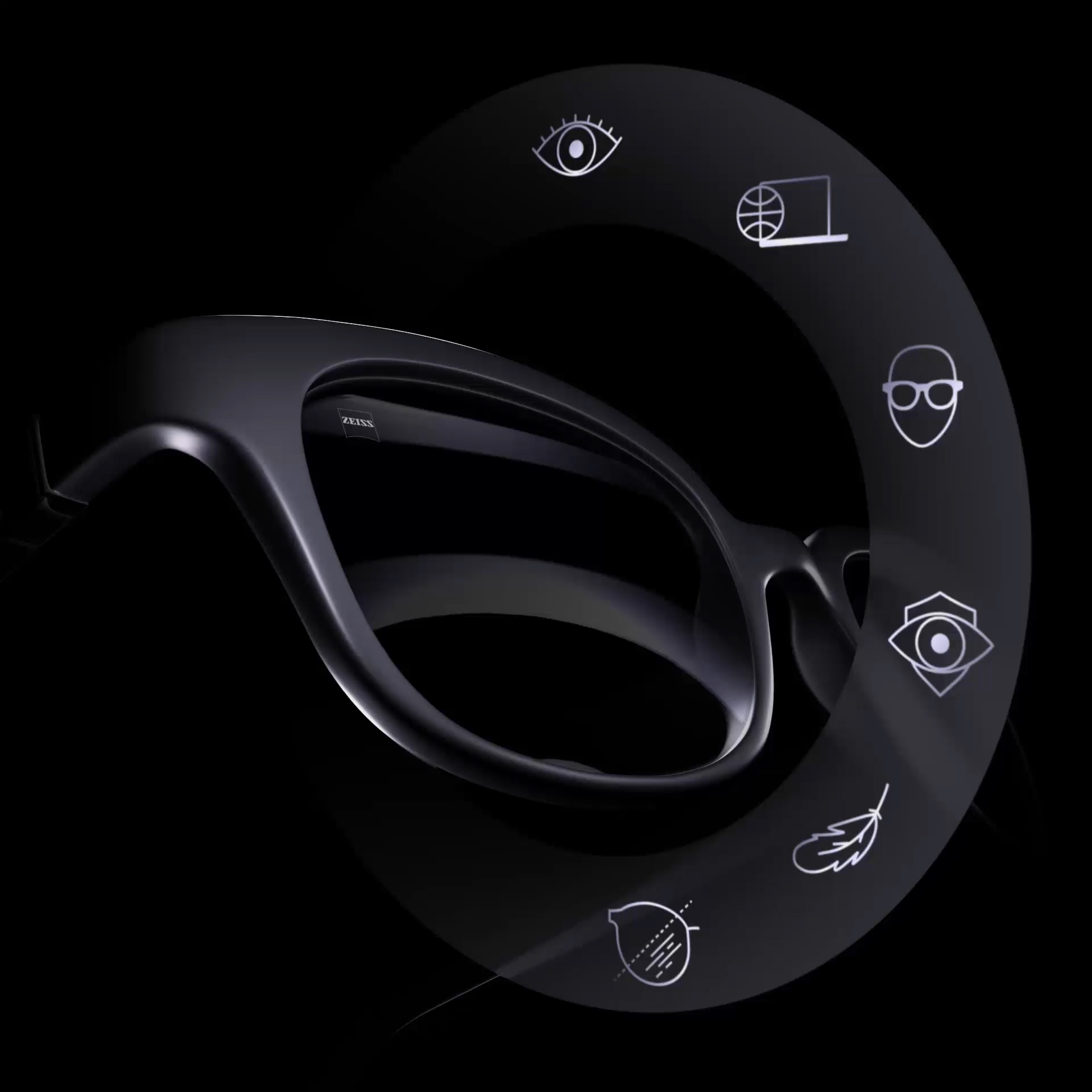 Animatie van ZEISS brillenglazen in een zwart montuur met iconen die weergeven wat een goed brillenglas kenmerkt.  