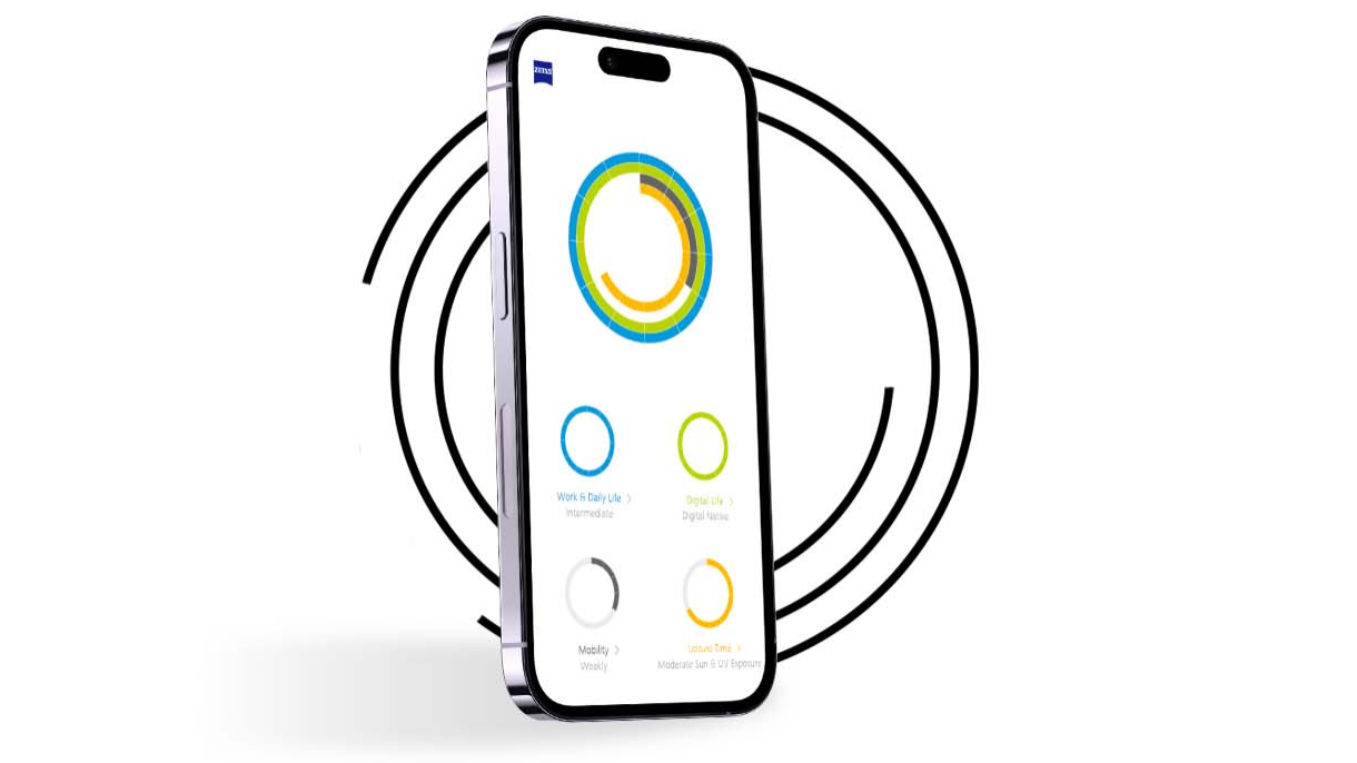 Een smartphone voor zwarte ringen toont het zichtprofiel van een gebruiker van Mijn Kijkprofiel met verschillende gekleurde ringen. 