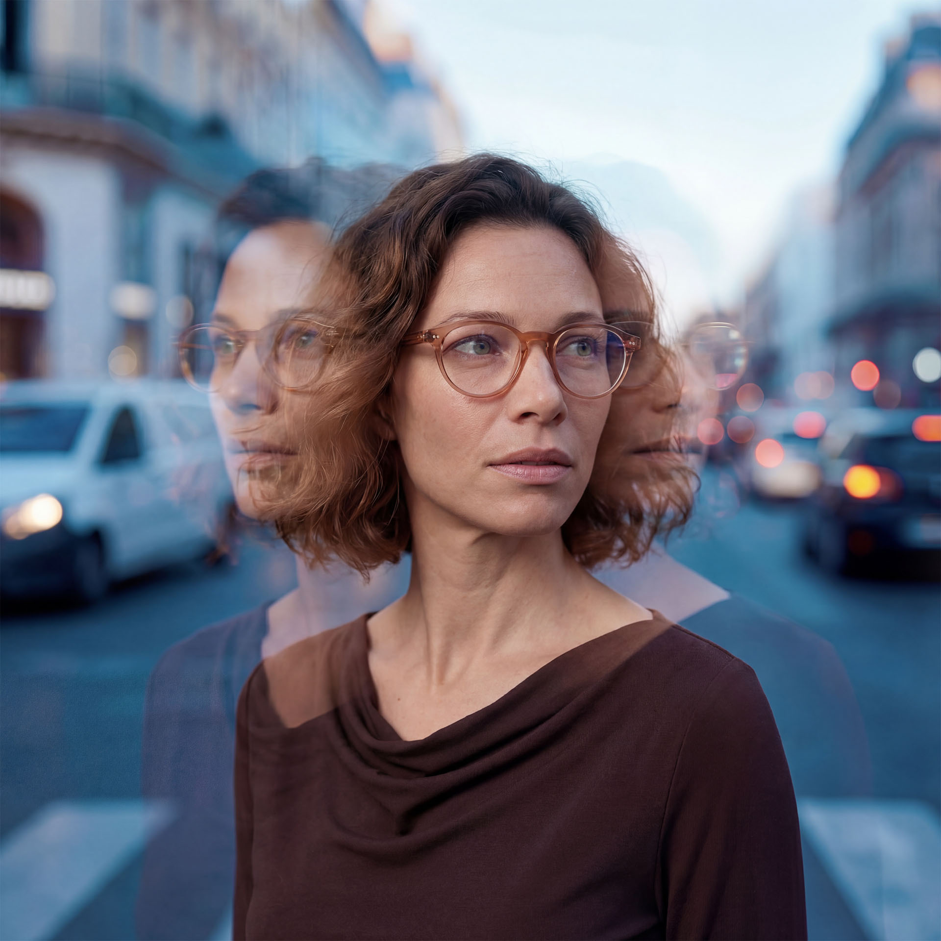 Een persoon met conventionele brillenglazen in een drukke straat met meerdere belichtingseffecten. 