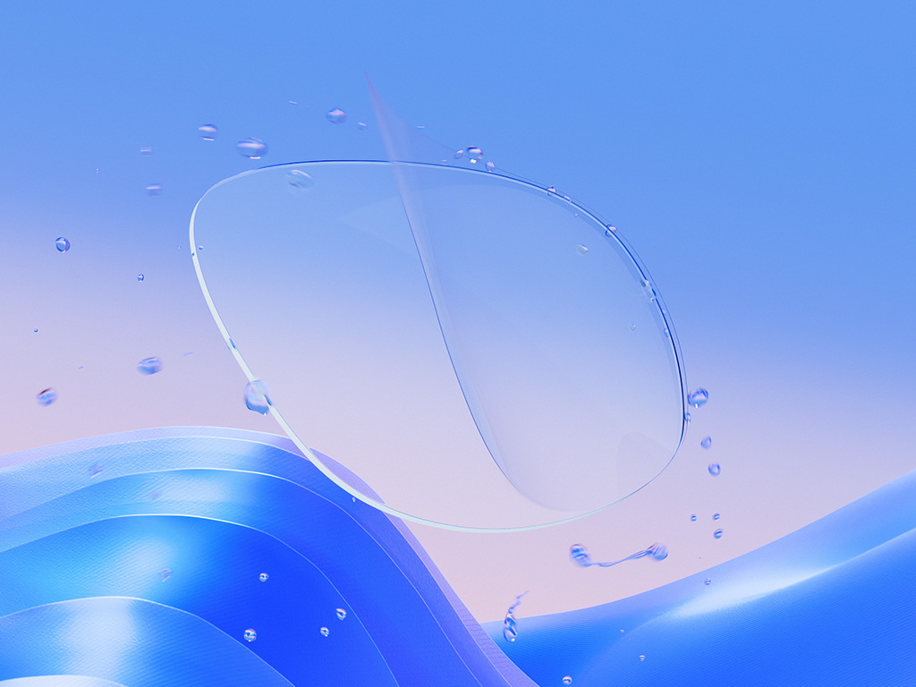 Een CGI afbeelding van een helder brillenglas waarop een dunne coatinglaag wordt aangebracht, waardoor waterdruppels effectief worden afgestoten, en dat de helderheid van het brillenglas en de beschermende eigenschappen laat zien.