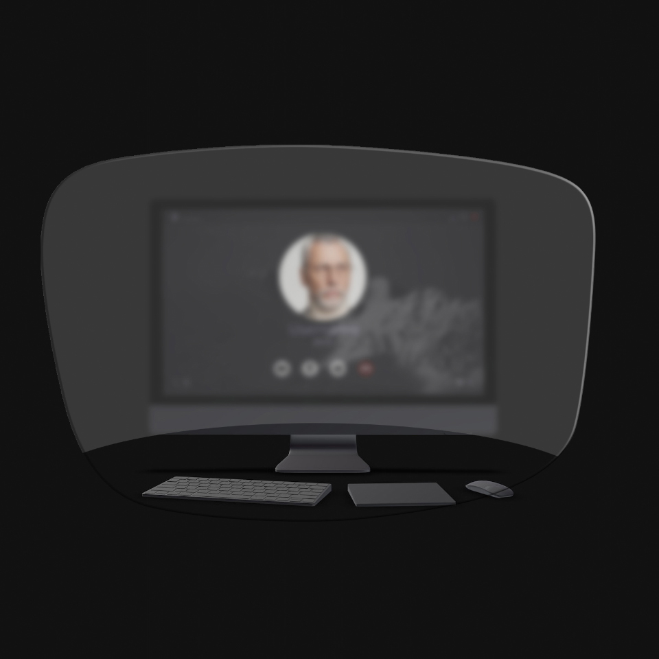 De weergave van een desktopcomputer, toetsenbord, muis en boek door een schematische afbeelding van een leesbril laat zien dat alleen objecten die heel dichtbij zijn duidelijk zichtbaar zijn. Het computerscherm is wazig.