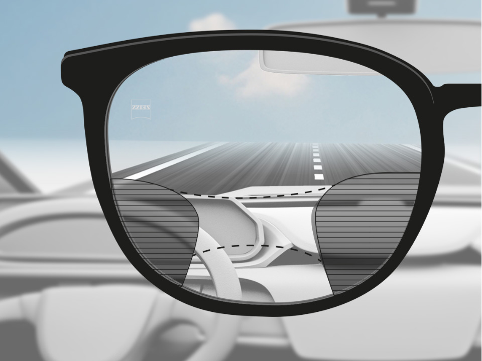 Schematische point-of-view-illustratie door een DriveSafe progressief brillenglas met een grote afstandszichtzone (weg), tussenliggende zone (dashboard) en kleinere nabijzichtzone (niet nodig in de auto).