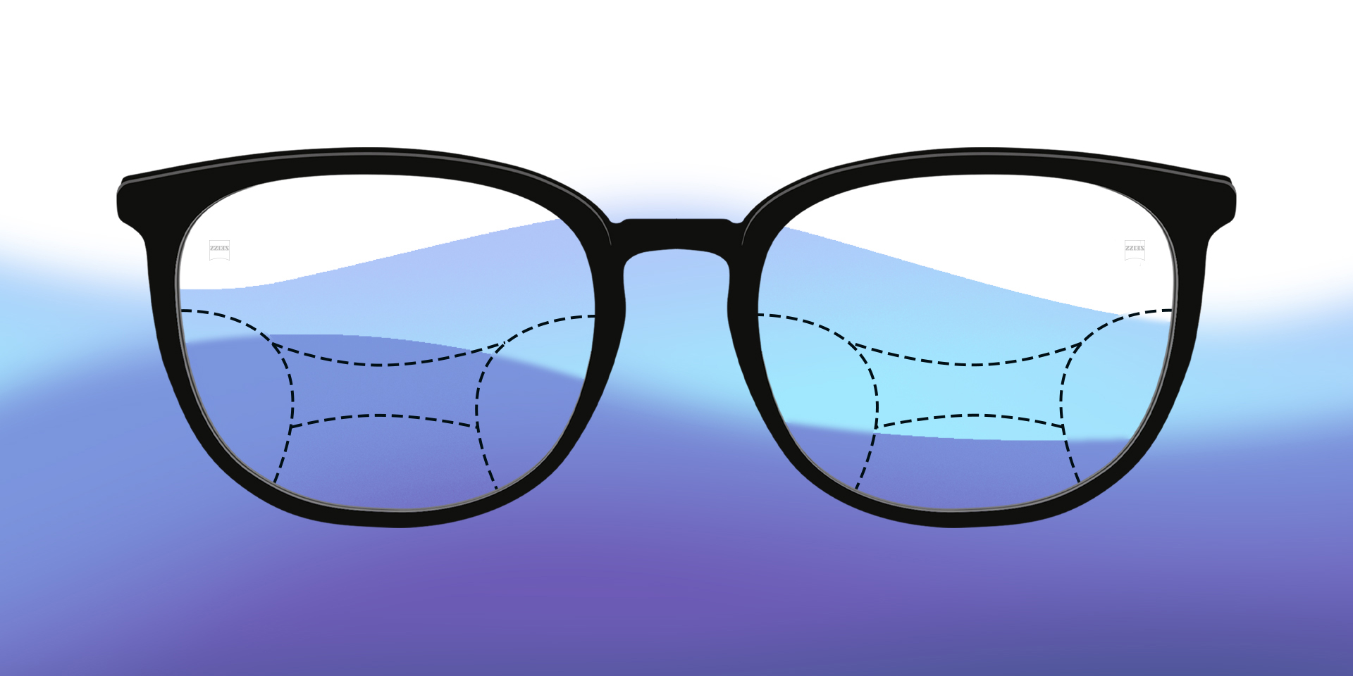 Een afbeelding van geïllustreerde progressieve brillenglazen tegen een kleurrijke achtergrond.