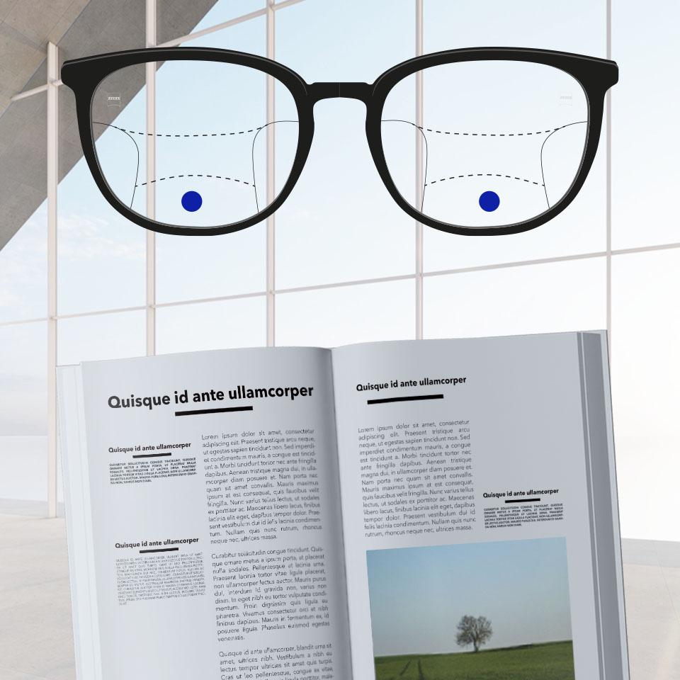 Een montuur met progressieve glazen en schematische lijnen om verschillende zichtzones aan te geven. Een montuur met progressieve brillenglazen en schematische lijnen om verschillende zichtzones aan te geven.