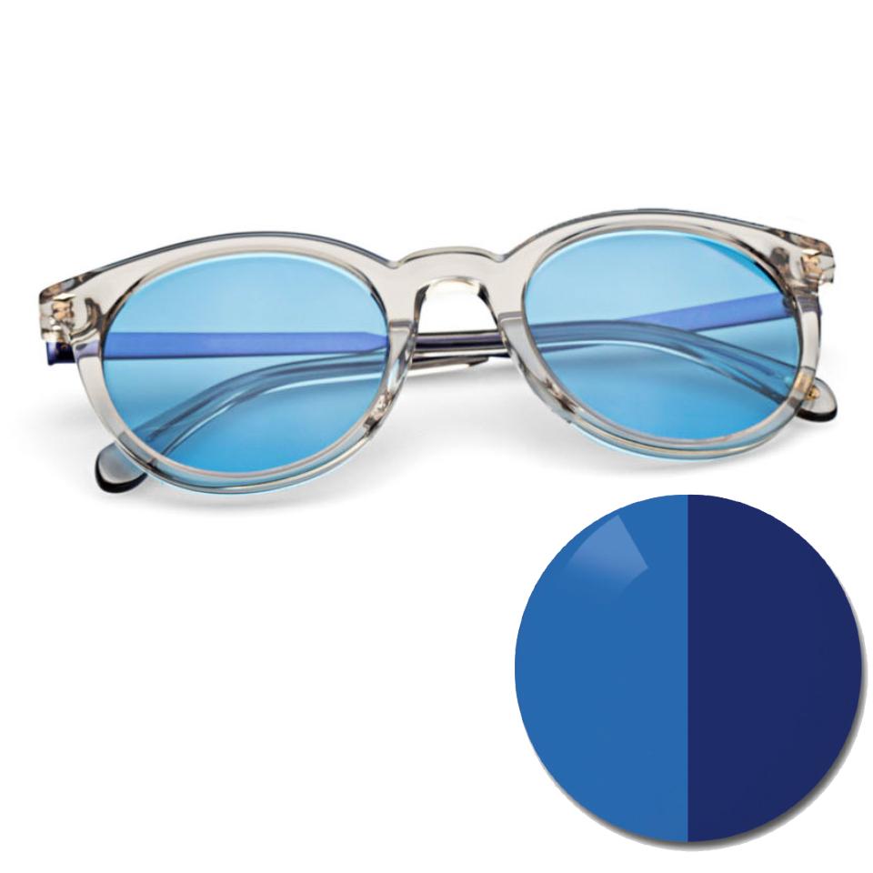 Bril met ZEISS AdaptiveSun uni blauw en een gekleurde stip in lichte en donkere tint