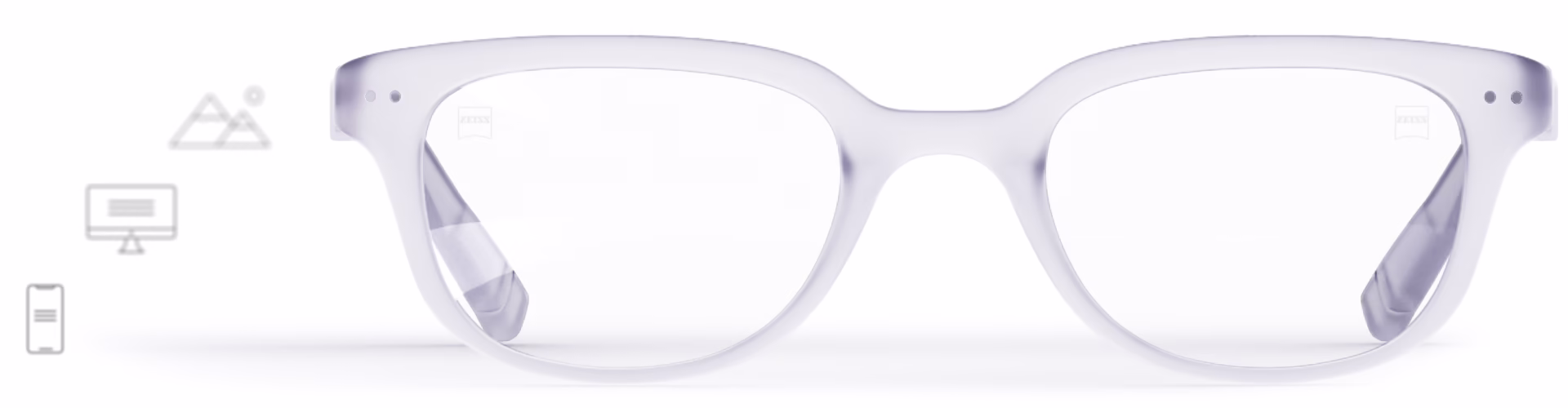 ZEISS multifocale SmartLife brillenglazen in een stijlvol transparant montuur met pictogrammen die de verschillende kijkzones aangeven - dichtbij, middellang en veraf