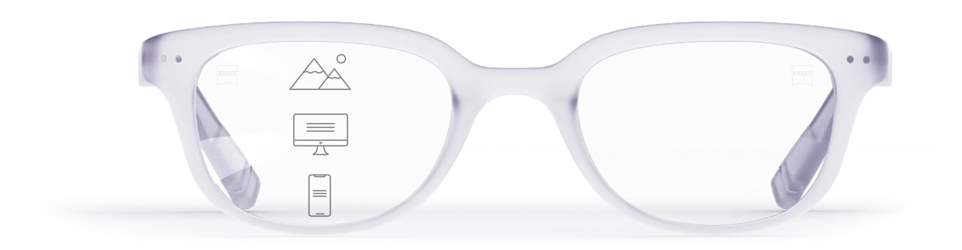 ZEISS multifocale SmartLife brillenglazen in een stijlvol transparant montuur met pictogrammen die de verschillende kijkzones aangeven - dichtbij, middellang en veraf